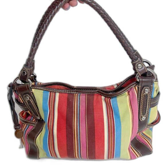 Fossil Canvas Multicolored Striped Shoulder Bag Handbag Brown Leather Details - Picture 1 of 12